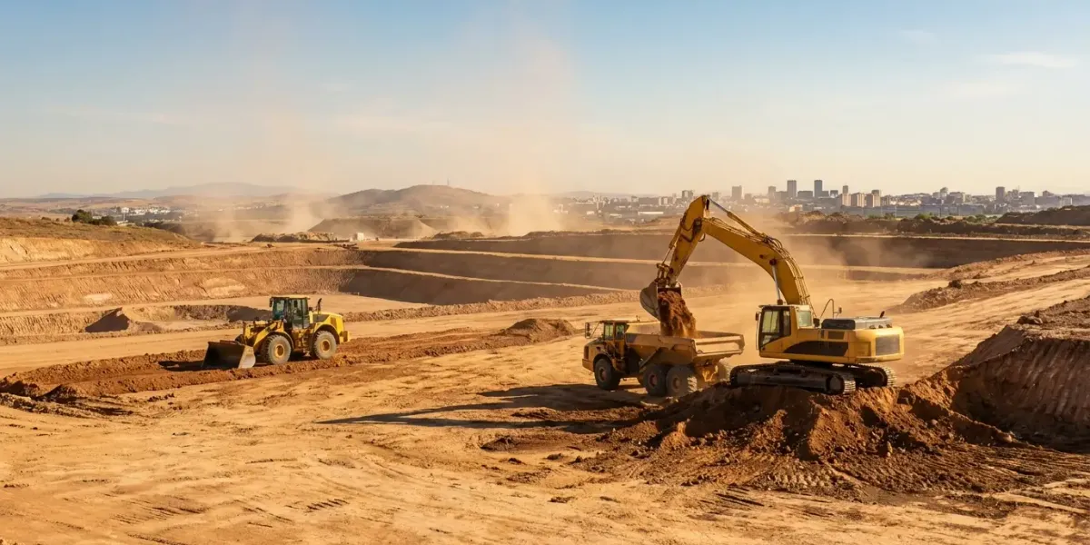 Excavadora y pala cargadora ejecutando un movimiento de tierras en una parcela de Madrid
