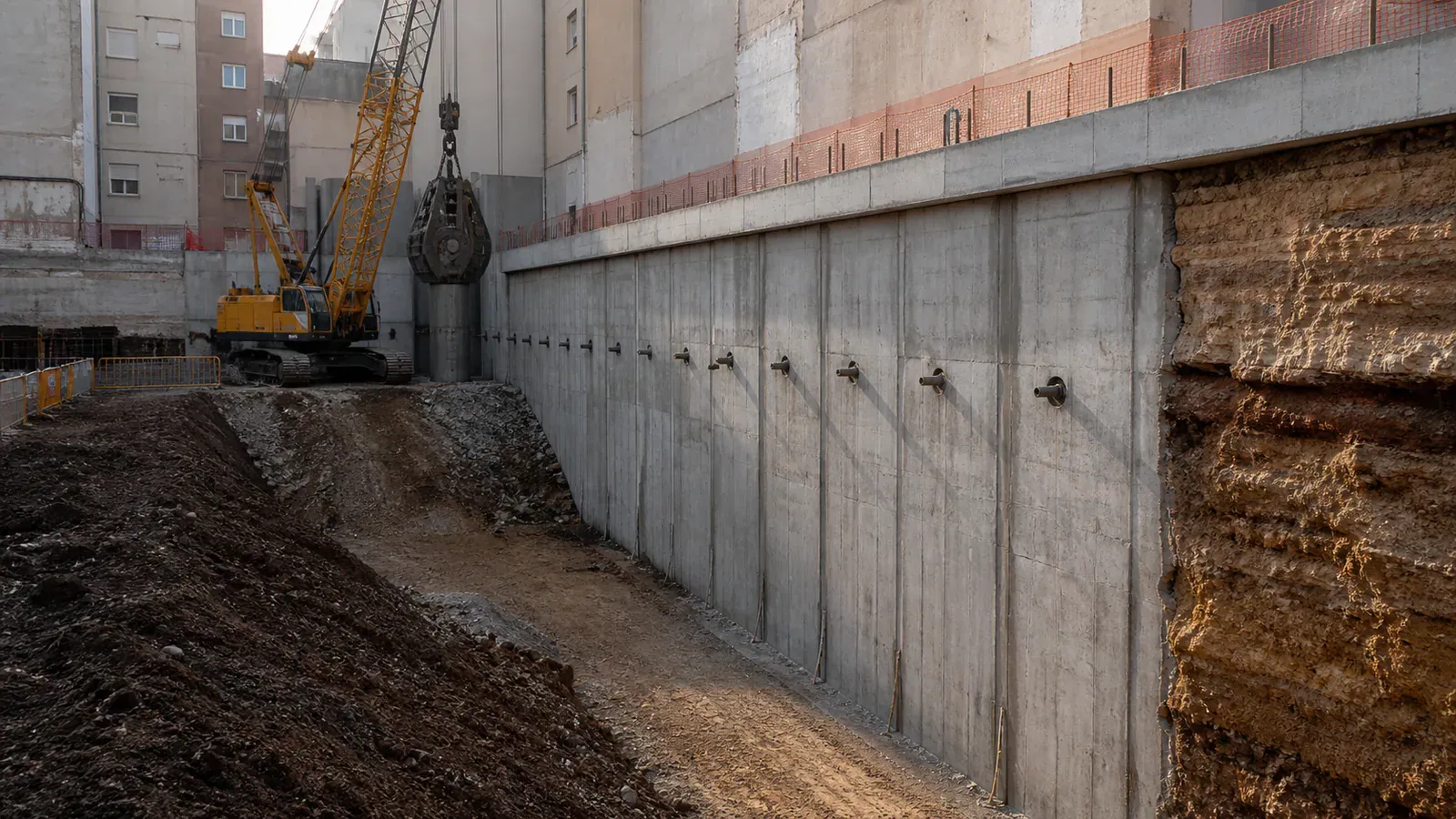Muro pantalla ejecutado en un solar entre medianeras de Madrid